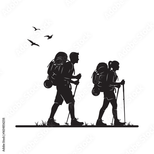 Silhouette of Hikers with Backpacks and Trekking Poles