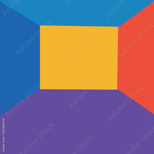 Bold abstract artwork of a colorful cube-shaped room with vibrant red, yellow, blue, purple, and teal walls. A modern optical illusion design for creative or conceptual projects.