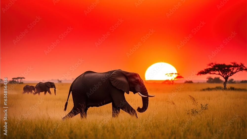 Fototapeta premium Elephants walking across the savanna at sunset 