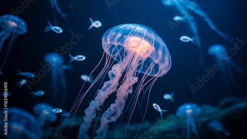 Translucent jellyfish glowing underwater with small fish ocean