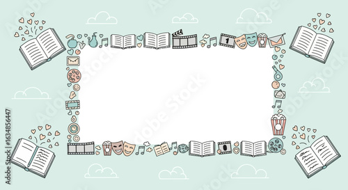 Hand-Drawn Frame with Books, Movies, and Arts Illustrations for Creative Content Creation