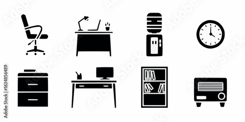 Office Furniture and Equipment Illustration in Black and White Simple Icons for Design Elements and Visual Communication