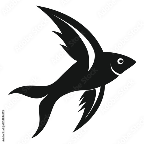 Flying Fish Silhouette Vector - Mid-Air Pose with Spread Wings and Clean Lines on White Background.