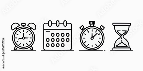 Timeless Icons Black and White Outline Featuring Alarm Clock Calendar Stopwatch and Hourglass Presenting Time Management and Productivity