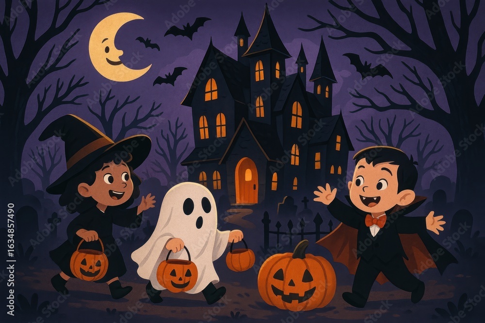 Fototapeta premium Children trick-or-treating Halloween night