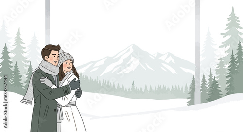 Romantic winter getaway: Couple embracing in snowy mountain landscape illustration