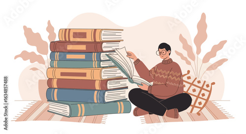 Illustration of a man reading a book at home surrounded by books and plants