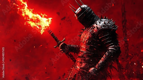 Armored knight holding a flaming sword in a dark red and fiery environment