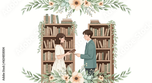 Enchanting Illustration of a Couple Exchanging a Book in a Floral Framed Library Setting