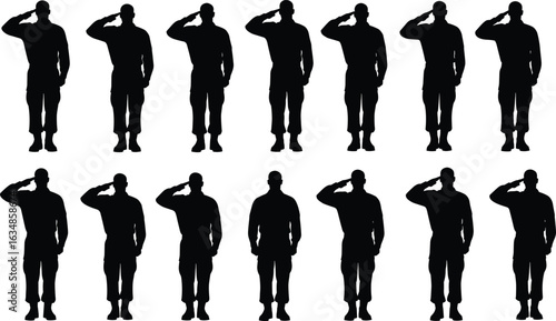 Silhouette of saluting soldiers, military respect, army honor, disciplined troops, soldier tribute, uniformed men, patriotism, formation, service, loyalty
