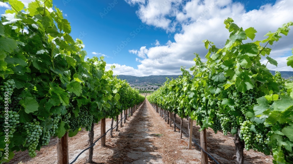 Naklejka premium Rows of healthy grapevines thrive under warm sunlight, showcasing abundant green clusters while fluffy clouds drift overhead