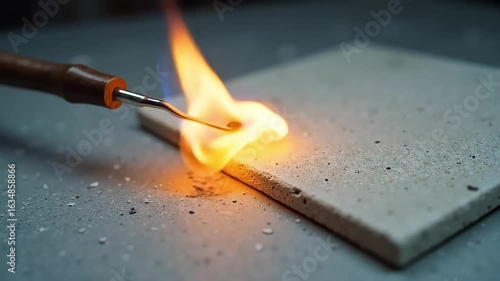Fire resistance test on construction material using flame torch in laboratory setting
