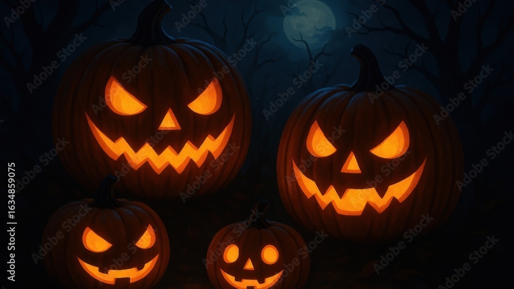 Fototapeta premium Glowing jack-o'-lanterns under moonlight.