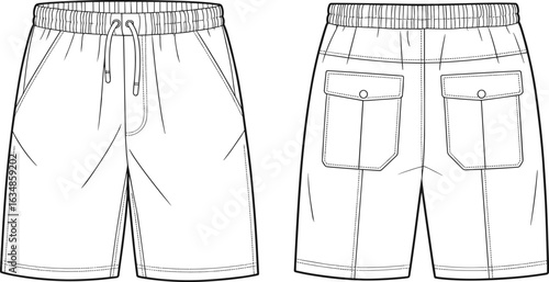 Shorts technical drawing, front and back view, elastic waistband, drawstring, side pockets, flap pockets, button detail, seam lines, stitching, fashion sketch, garment template.