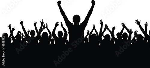 Silhouette of cheering crowd, raised hands, celebration event, excited people, music concert, joyful group, success emotion, festival background