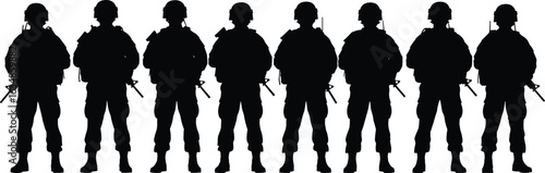 Silhouette of armed soldiers standing in line, military uniform, army force, defense team, tactical gear, war preparation