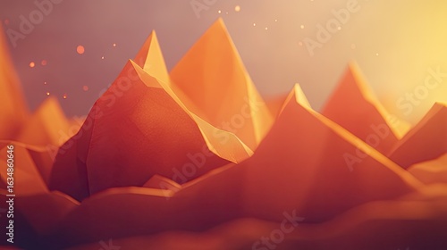 Textured Polygonal Peaks Glowing in a Warm, Dreamy Sunset