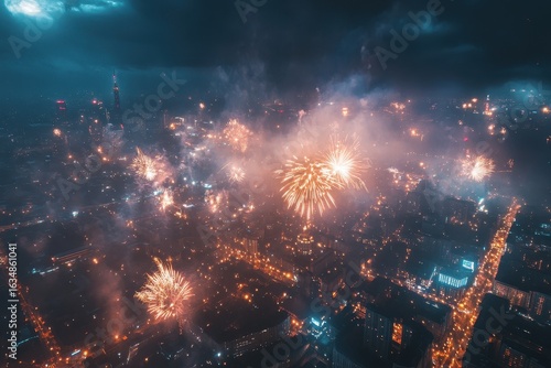 Wallpaper Mural Nighttime city skyline illuminated by vibrant fireworks displays over urban landscape, Nightfall over city with lights and fireworks drone shot Torontodigital.ca