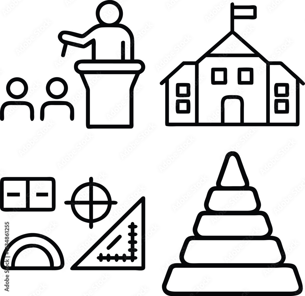 Fototapeta premium A collection of simple line art icons depicting a classroom lecture, a school building, educational tools, and a stacking toy for learning.