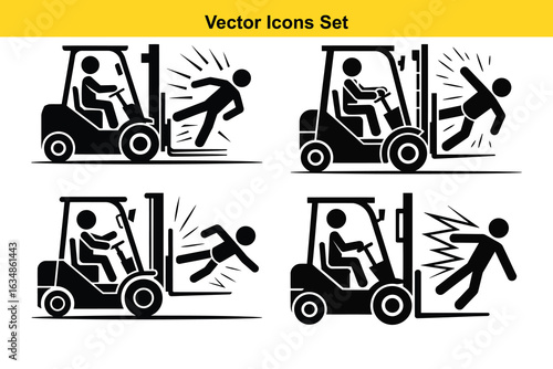 Forklift Safety Icon Set:  Black and White Vector Graphics Illustrating Workplace Accidents, Injury Prevention, and Hazard Awareness Training.