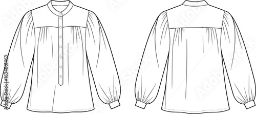 Blouse technical drawing, front and back view, high neckline, button placket, gathered sleeves, yoke detail, loose fit, fashion sketch, garment template, sewing layout, apparel design.