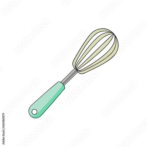 A Close Up View of a Kitchen Whisk with a Light Green Handle