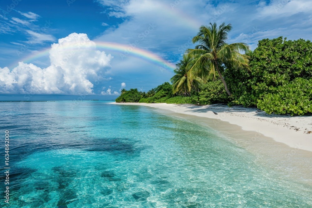 Fototapeta premium Vibrant rainbow arches over tranquil tropical lagoon and white sandy beach, A beautiful rainbow in tropical lagoon