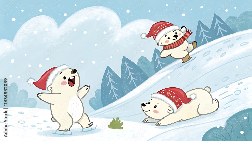 Fototapeta premium Three cute polar bears playing in the snow during winter season illustration
