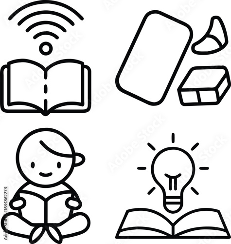 A collection of simple line art icons representing online education, technology, and learning concepts for children and adults.