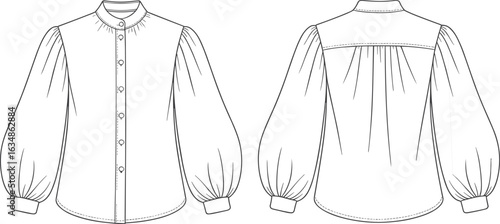 Blouse technical drawing, front and back view, high collar, button-down front, gathered sleeves, yoke detail, fashion sketch, garment template, sewing layout, apparel design.