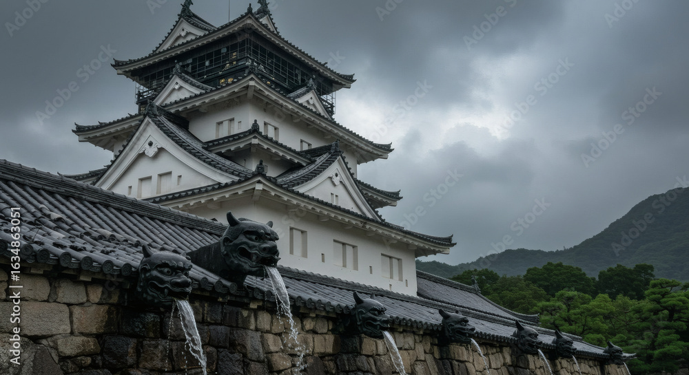 Fototapeta premium Japanese castle tower with demon-faced (oni) water spouts carved from black granite, water streaming from their open mouths during monsoon season
