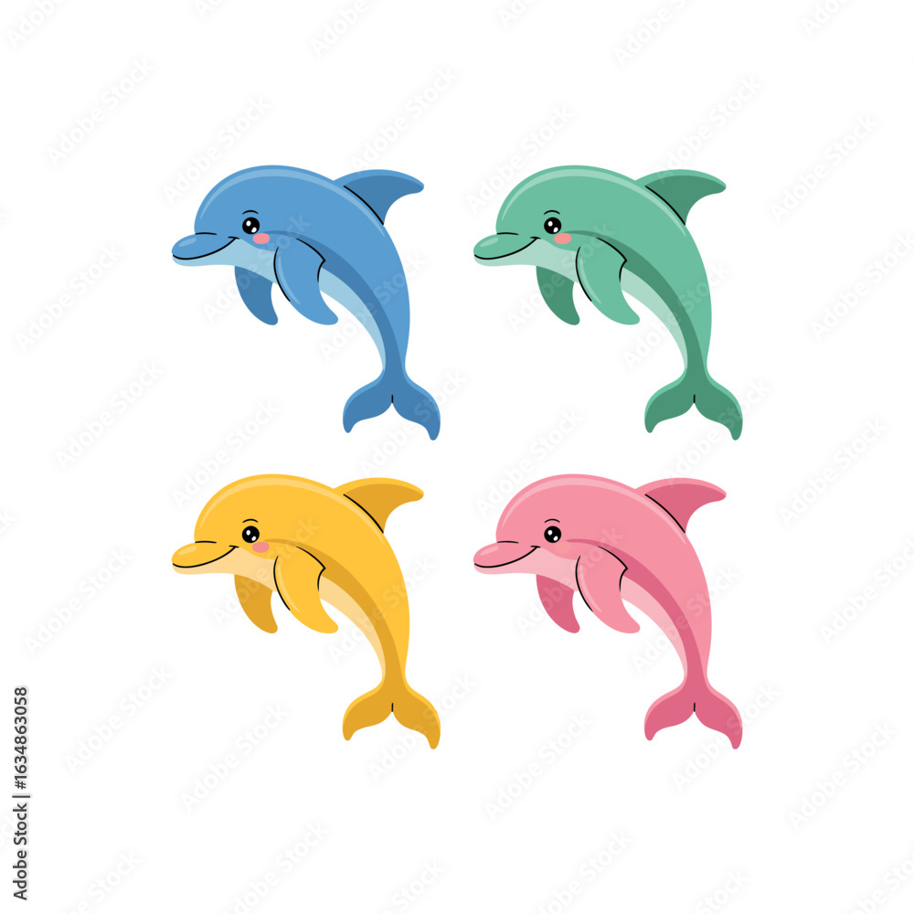 Obraz premium Four cartoon dolphins in blue green yellow and pink colors animal ocean