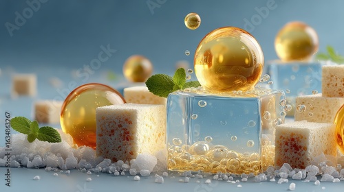 Small fish-oil droplet spheres and cereal block prisms create a pure composition