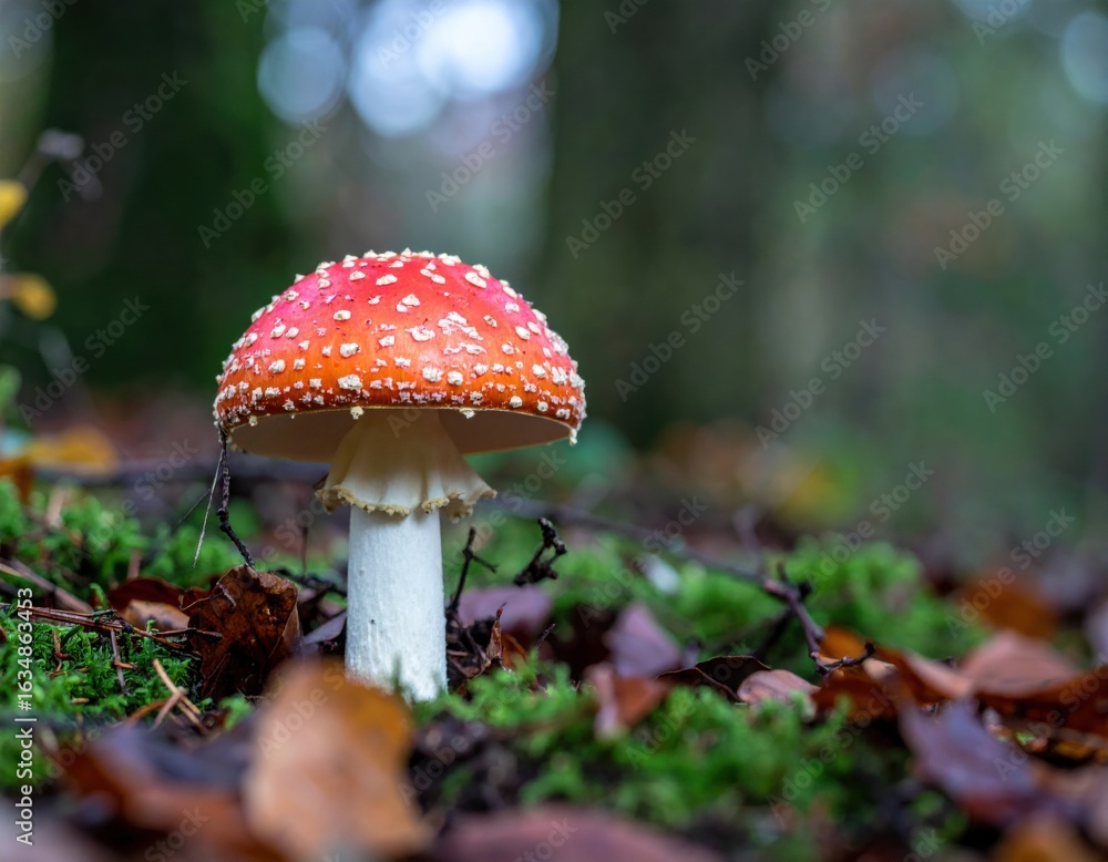 Vibrant red and white Fly Agaric mushroom on a mossy forest floor in autumn Vibrant red and white Fly Agaric mushroom on a mossy forest floor in autumn