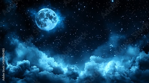 A starry night sky  full of clouds and a luminous moon.