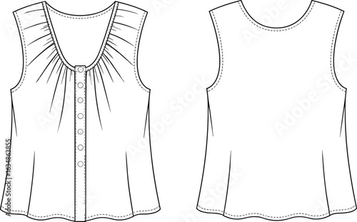 Sleeveless blouse technical drawing, front and back view, button-down design, pleated neckline, fashion sketch, garment template, sewing layout, minimalist clothing illustration, apparel design.