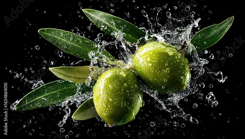 Two glistening green olives, adorned with water droplets and vibrant olive leaves, are dynamically captured amidst a splash of water against a stark black background