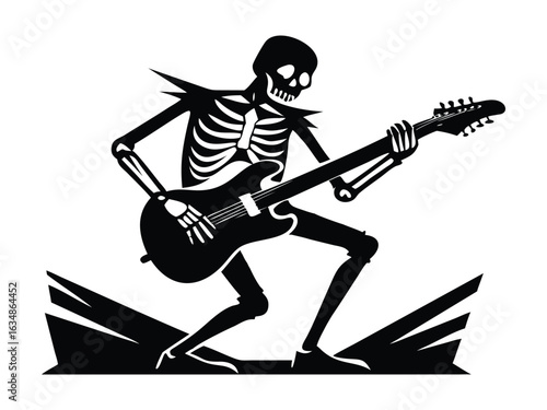 A skeleton playing an electric guitar in black and white