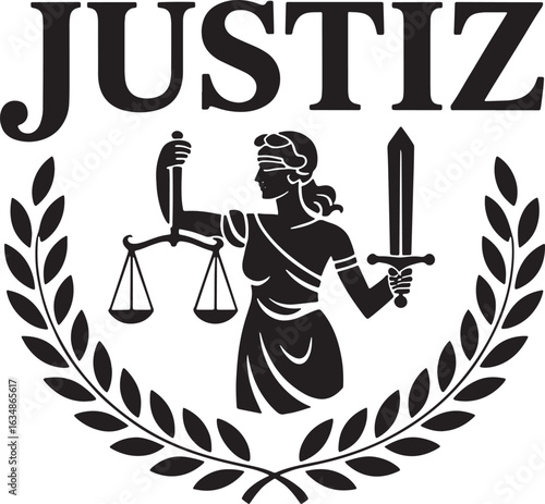 Justiz logo symbolizing justice law and fairness illustration line art stock photos royalty free image premium quality