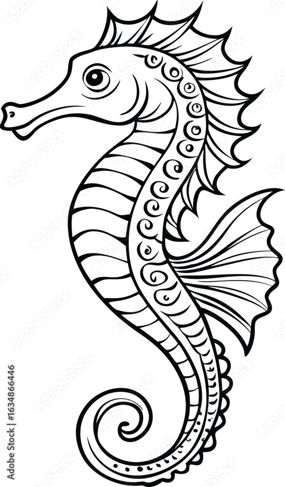 Fototapeta premium Seahorse t shirt design silhouette and vector line art, Detailed Line Art for Relaxation and Stress Relief, Ideal for Adult Coloring Books or Printable Art Therapy Projects