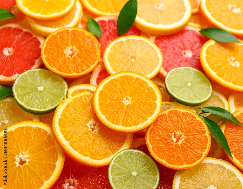 Obraz premium Vibrant citrus fruit slices, tightly arranged, showcasing diverse colors and textures
