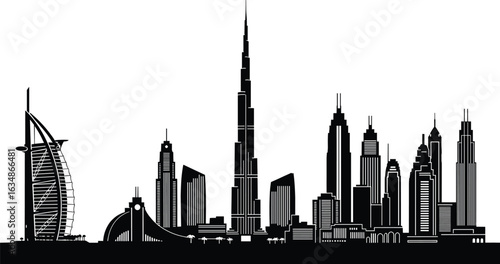 Dubai city skyline silhouette, Burj Khalifa, urban architecture, famous landmarks, skyscraper view, UAE skyline, cityscape design, modern buildings