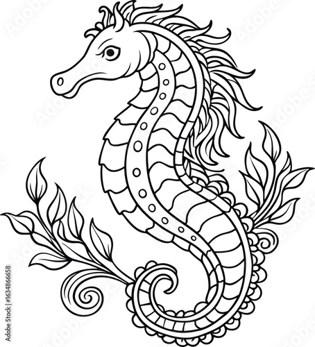 Seahorse t shirt design silhouette and vector line art, Detailed Line Art for Relaxation and Stress Relief, Ideal for Adult Coloring Books or Printable Art Therapy Projects