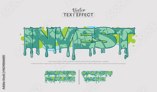 Invest, Colorful graffiti editable effect with paint wall concept. Alphabet Graffiti Joker text vector Letters	

