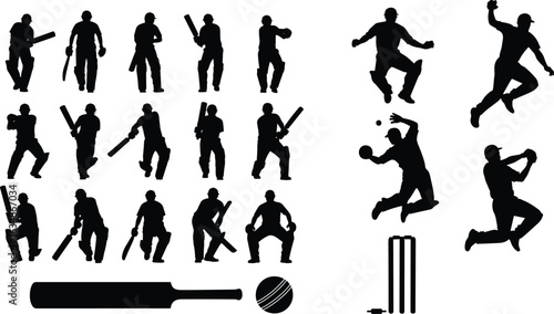Cricket players silhouette set, batsman, bowler, fielder action, cricket gear, bat, ball, stumps, match icons, sports vector