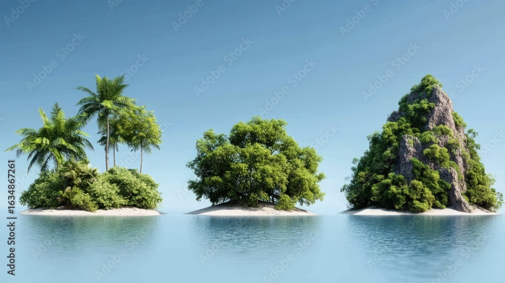 Tropical island paradise with palm trees and greenery in blue water Tropical island paradise with palm trees and greenery in blue water