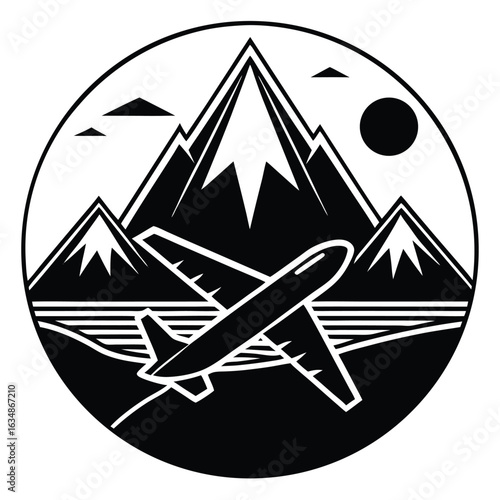 Minimalist airplane flying over mountain peaks wit eps