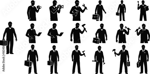 Construction worker silhouette, engineering vector icons, industrial labor clipart, black worker shapes, architect technician tools, maintenance builder people collection