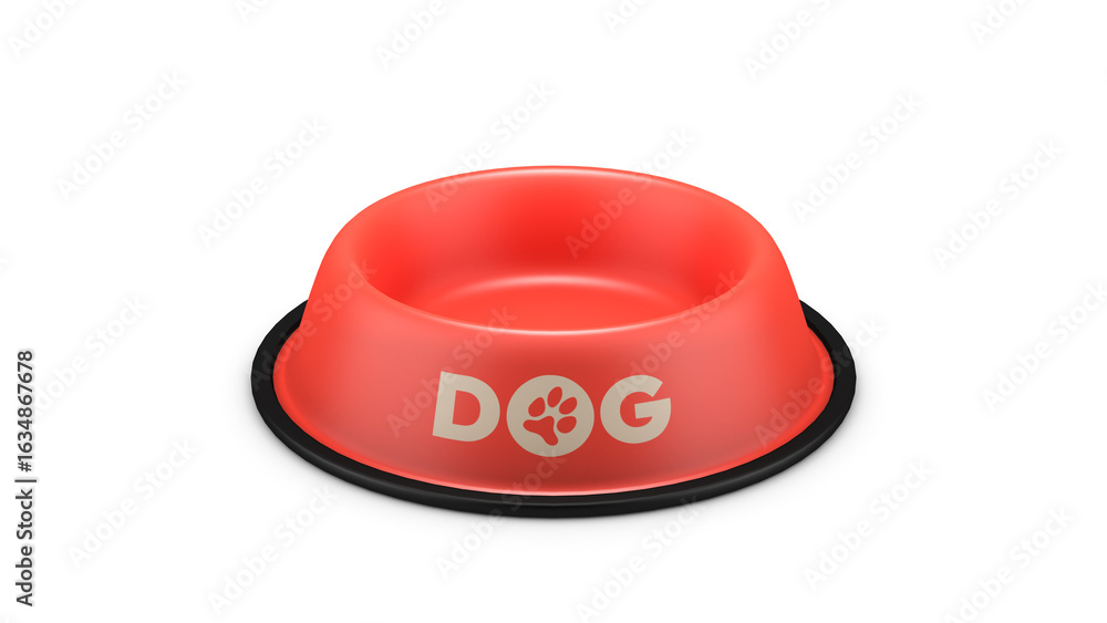 Fototapeta premium Red dog bowl on white background. Dog paw print. 3D render. Illustration.