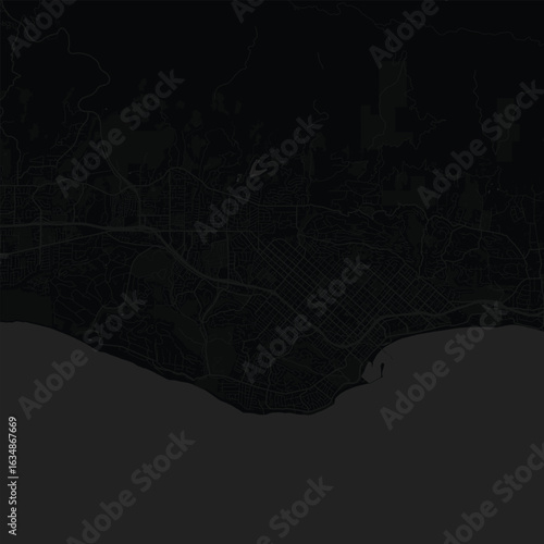 Santa Barbara City Map Art Print Sleek Urban Grids in Black and Gray, Refined Monochrome Wall Designs Featuring Modern Blueprint Aesthetic.                                         